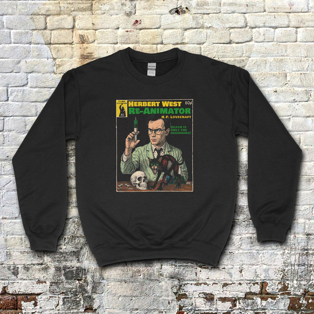 Herbert West, Re-animator - Pulp Edition #2 sweatshirt with vintage comic cover design of scientist and dark creature on black fabric