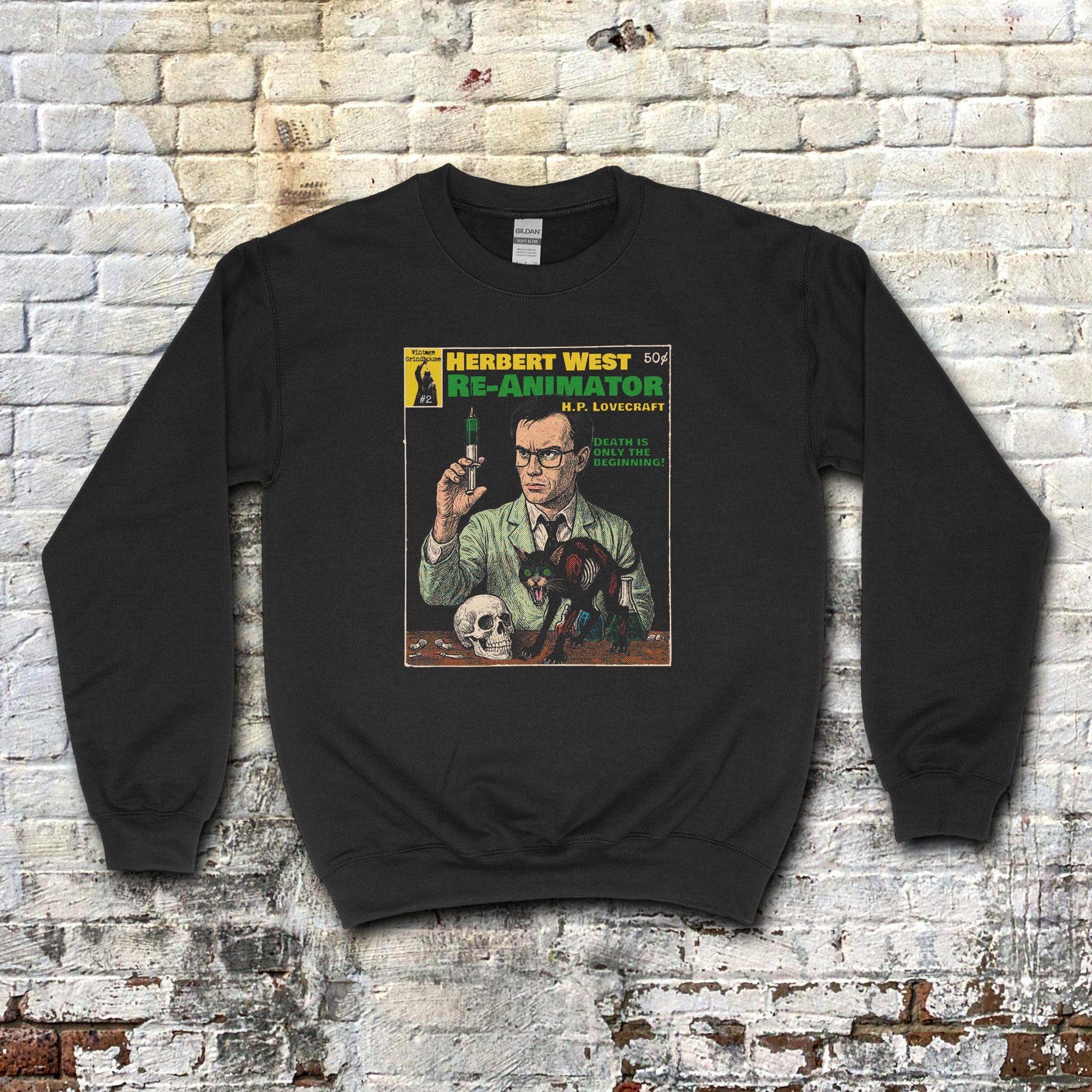 Herbert West, Re-animator - Pulp Edition #2 sweatshirt with vintage comic cover design of scientist and dark creature on black fabric