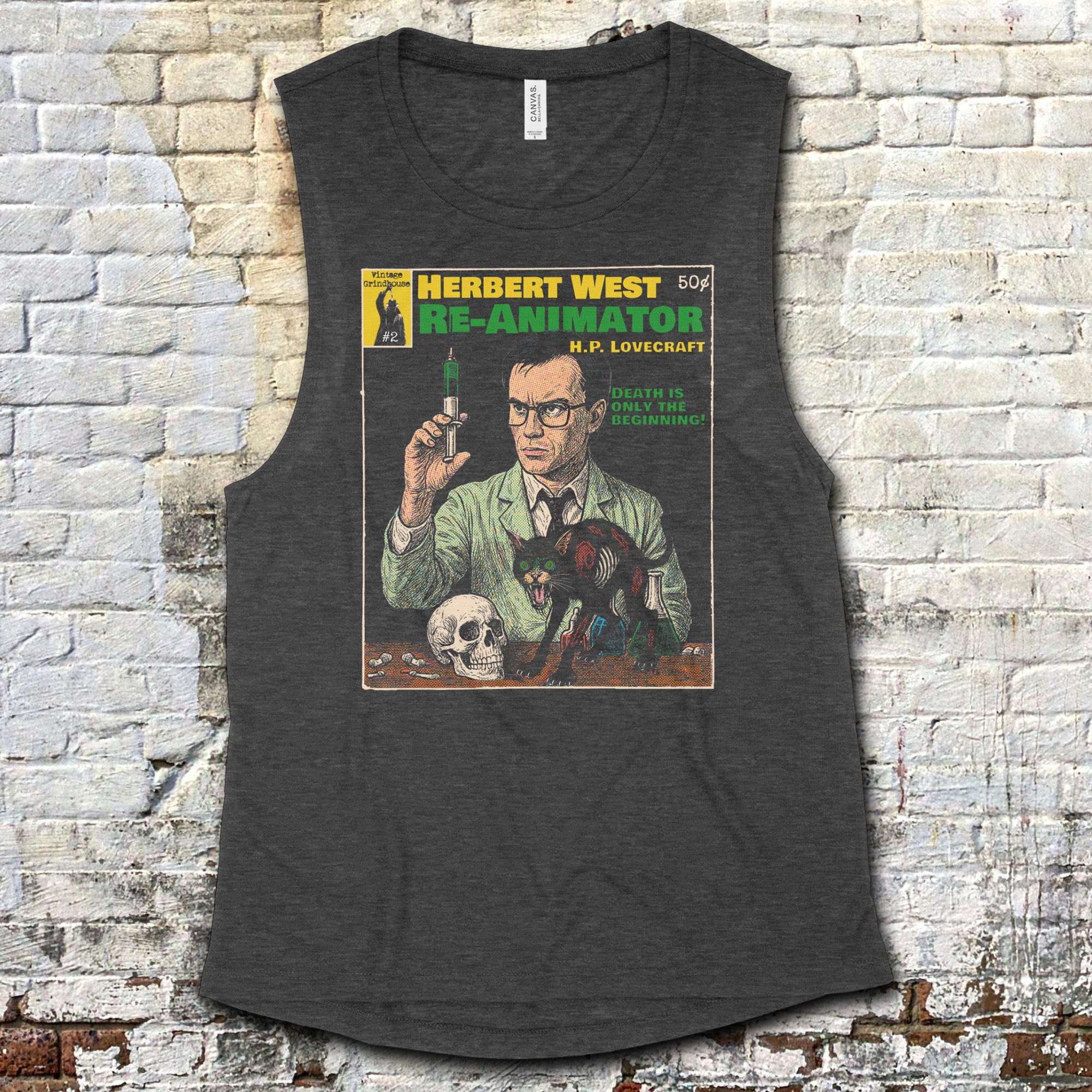 Herbert West, Re-animator - Pulp Edition #2 muscle tank with vintage comic scientist and eerie lab illustration on dark fabric