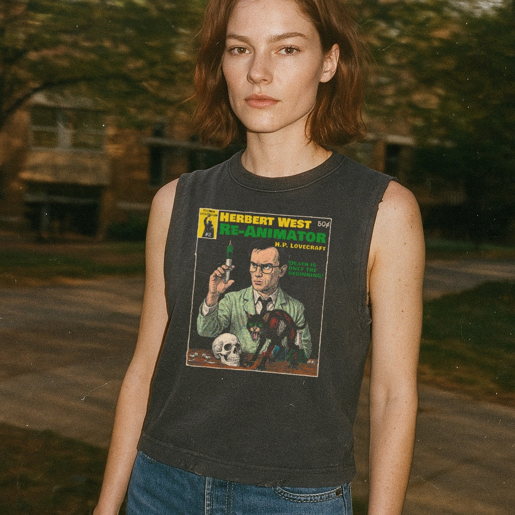 Herbert West, Re-animator - Pulp Edition #2 muscle tank featuring vintage comic style mad scientist graphic on dark fabric