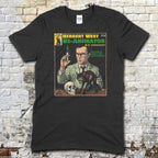 Black t-shirt featuring a vintage pulp comic style graphic of Herbert West holding a syringe with skull and cat on front