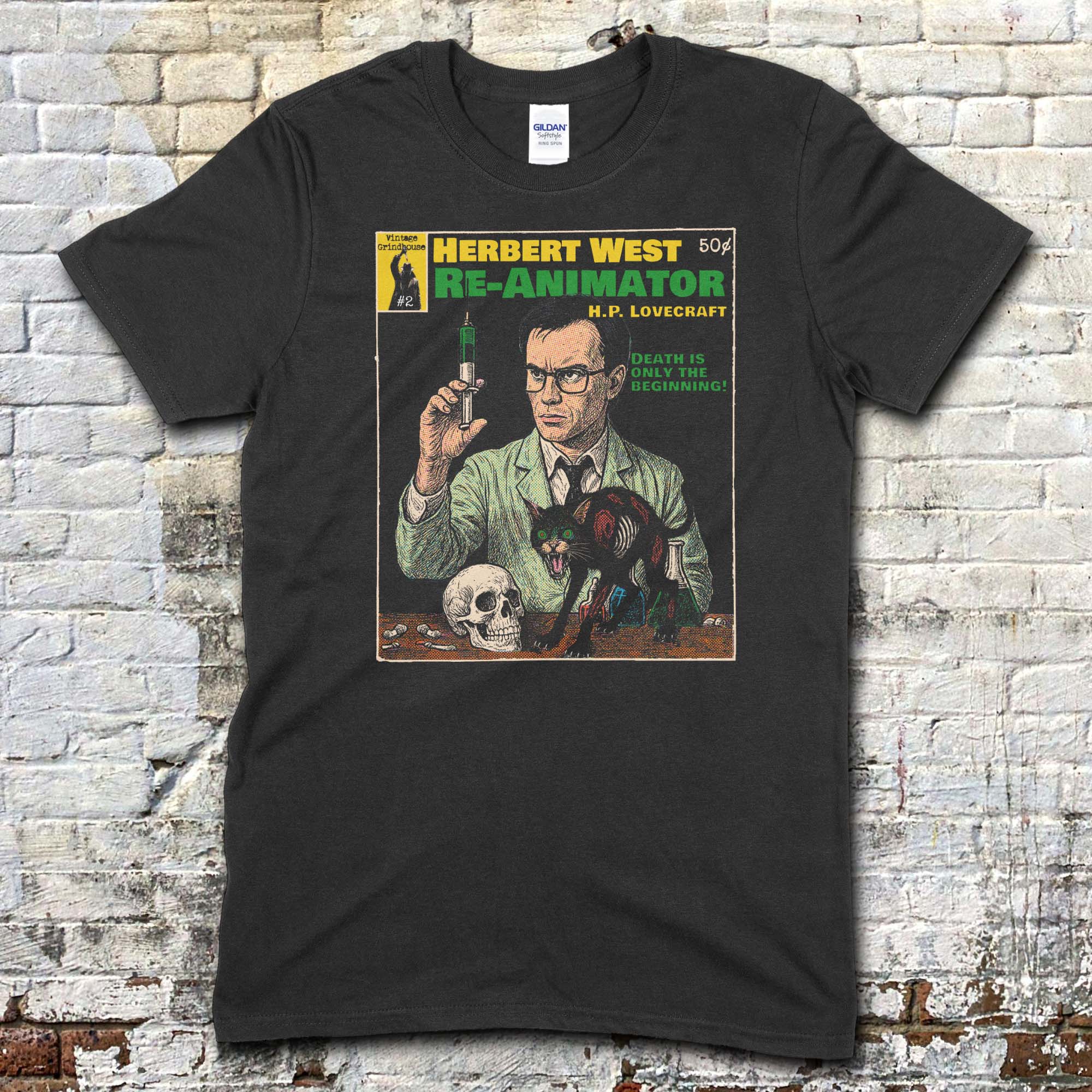 Black t-shirt featuring a vintage pulp comic style graphic of Herbert West holding a syringe with skull and cat on front