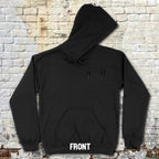Black hoodie with 'FRONT' text on a textured brick wall background