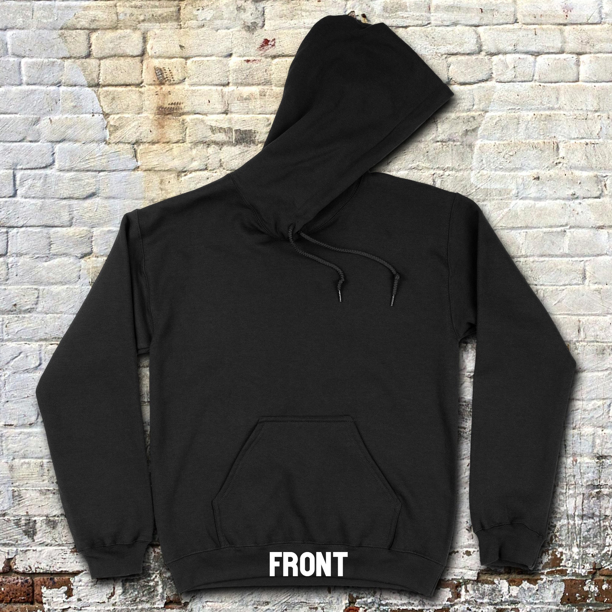 Black hoodie with 'FRONT' text on a textured brick wall background