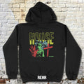 House hoodie (rear print) with vintage horror-style design featuring distressed text, haunted house, handprint, and eerie character in green and red