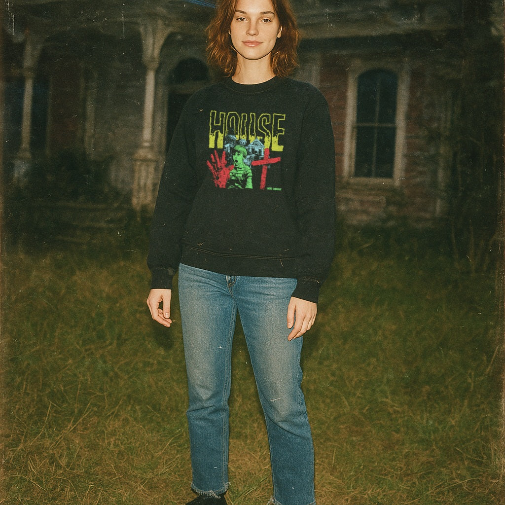 House sweatshirt worn by woman, featuring neon-green text, red handprint, eerie green child, cross, and haunted house design on black fabric
