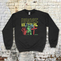 House sweatshirt featuring bold distressed yellow lettering, eerie green child, red handprint, cross, and haunted house graphic on black fabric