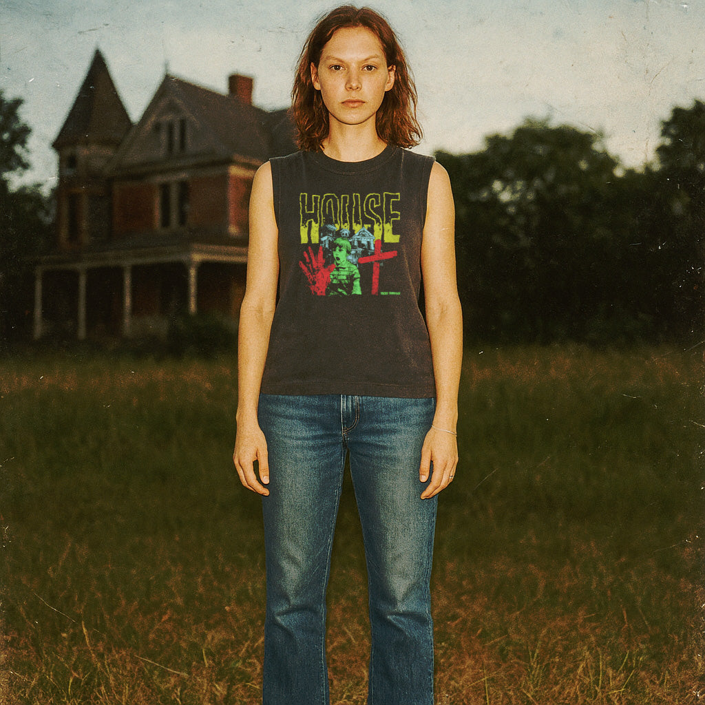 House muscle tank featuring colorful vintage horror-inspired graphic worn by model in rustic outdoor setting