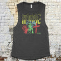 House muscle tank with vintage horror-inspired graphic of shocked boy, bloody hand, and gothic house on dark fabric