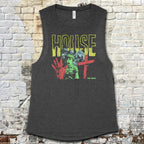 House muscle tank with vintage horror-inspired graphic of shocked boy, bloody hand, and gothic house on dark fabric