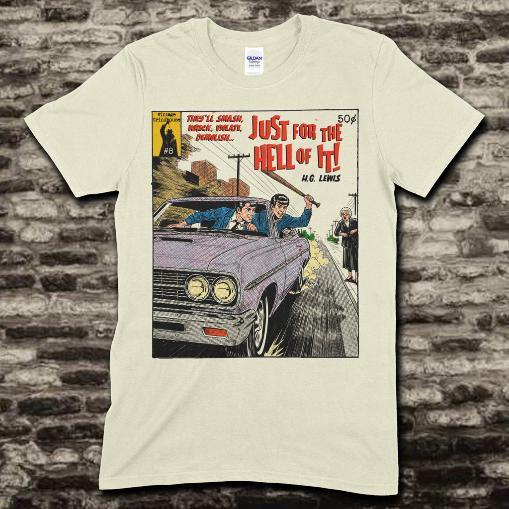 Cream t-shirt with comic book cover design and bold title Just for the Hell of It! - Pulp Edition #8 showing two men in car chasing woman