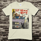 Cream t-shirt with comic book cover design and bold title Just for the Hell of It! - Pulp Edition #8 showing two men in car chasing woman