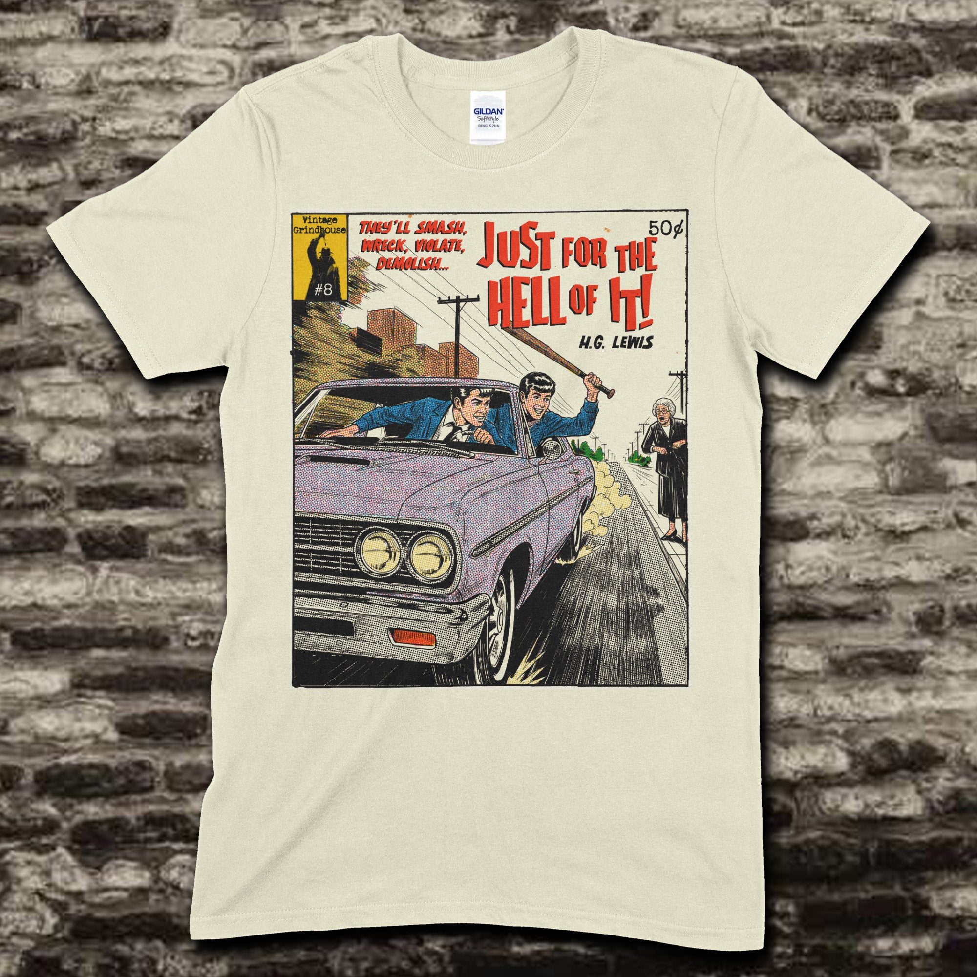 Cream t-shirt with comic book cover design and bold title Just for the Hell of It! - Pulp Edition #8 showing two men in car chasing woman