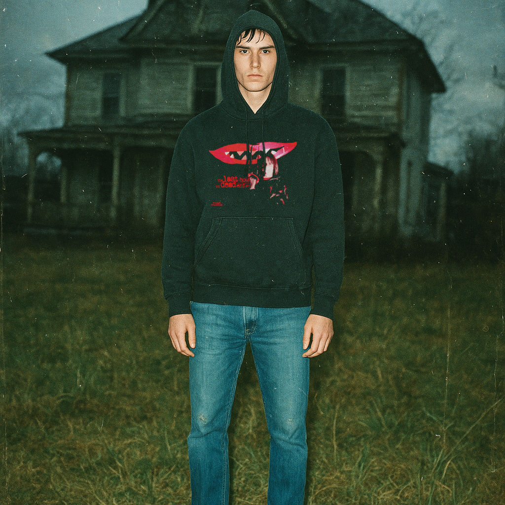 Person wearing a dark hoodie with a graphic design in front of an old, abandoned house.