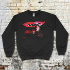 Last House on Dead End Street sweatshirt with red lips and vintage horror film image on black fabric
