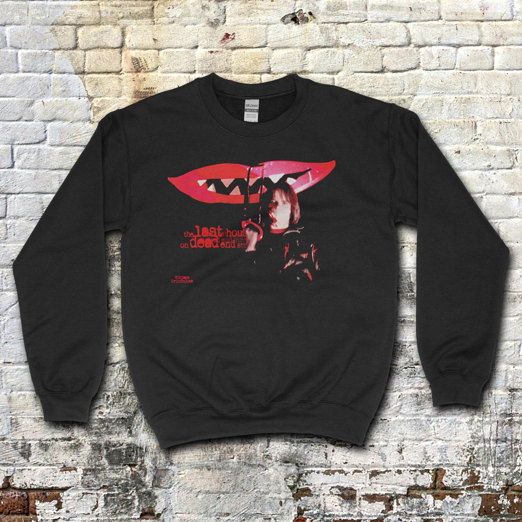 Last House on Dead End Street sweatshirt with red lips and vintage horror film image on black fabric