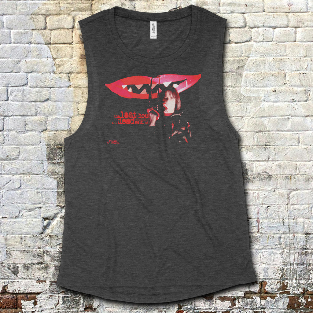 Last House on Dead End Street muscle tank with bold red lips and mysterious figure graphic on dark gray fabric