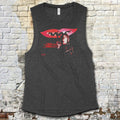 Last House on Dead End Street muscle tank with bold red lips and mysterious figure graphic on dark gray fabric