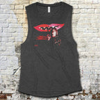 Last House on Dead End Street muscle tank with bold red lips and mysterious figure graphic on dark gray fabric