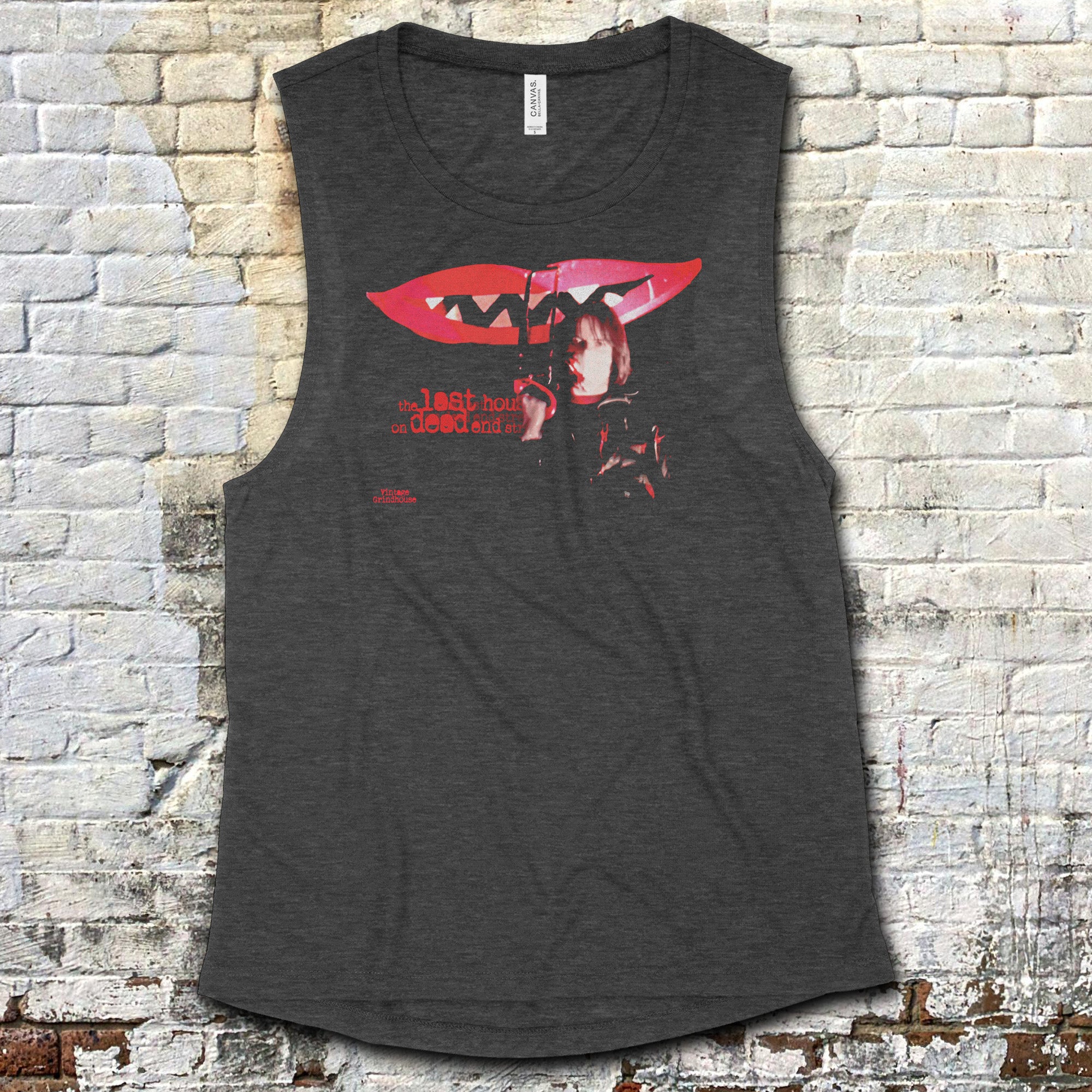 Last House on Dead End Street muscle tank with bold red lips and mysterious figure graphic on dark gray fabric