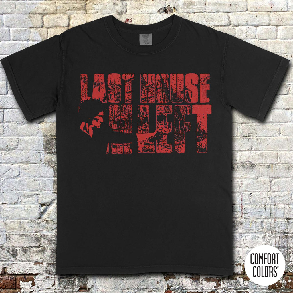 Last House on the Left t-shirt with distressed red text and vintage grindhouse style horror design on black fabric