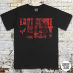 Last House on the Left t-shirt with distressed red text and vintage grindhouse style horror design on black fabric