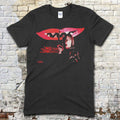 Black t-shirt featuring Last House on Dead End Street graphic with red lips and mysterious figure holding a knife