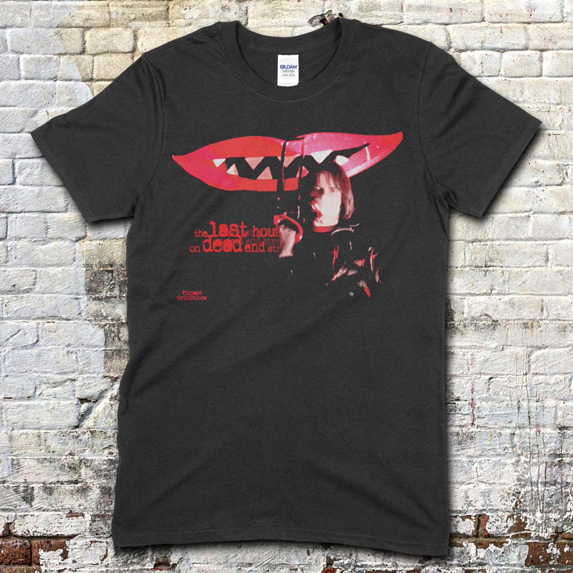 Black t-shirt featuring Last House on Dead End Street graphic with red lips and mysterious figure holding a knife