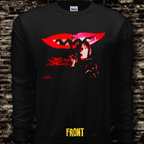 Black sweatshirt with red graphic design and text on a brick wall background