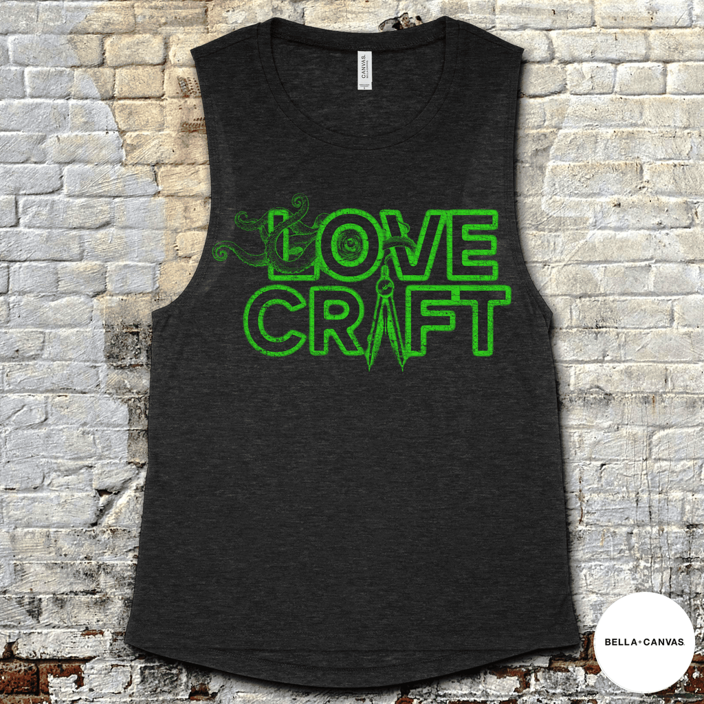 H.P. Lovecraft muscle tank in dark fabric with glowing green lettering and mystical tentacle design on front