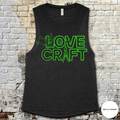 H.P. Lovecraft muscle tank in dark fabric with glowing green lettering and mystical tentacle design on front