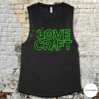 H.P. Lovecraft muscle tank in dark fabric with glowing green lettering and mystical tentacle design on front