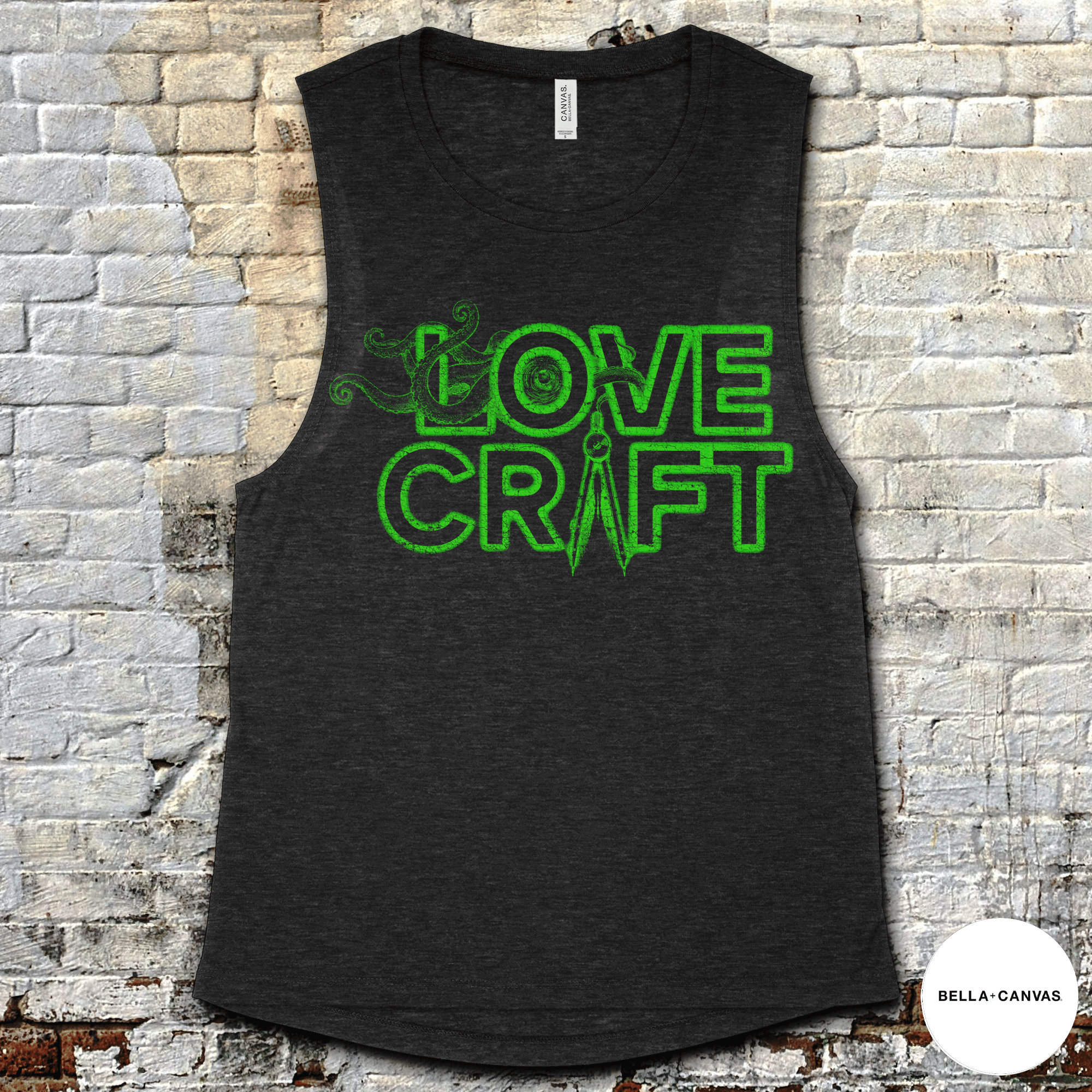 H.P. Lovecraft muscle tank in dark fabric with glowing green lettering and mystical tentacle design on front
