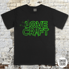 H.P. Lovecraft t-shirt with neon green text and tentacle graphic in retro style on black fabric background