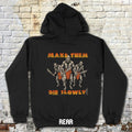 Black hoodie with graphic of three warriors and bold text Make Them Die Slowly hoodie - front and rear prints!