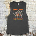 Make Them Die Slowly muscle tank with fierce warrior trio graphic and bold orange text on dark charcoal fabric