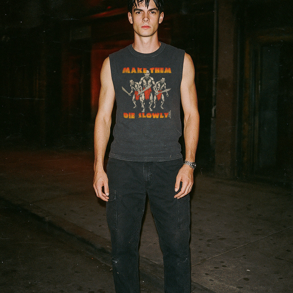 Make Them Die Slowly muscle tank with retro horror graphic of three combat figures in red and white on dark fabric