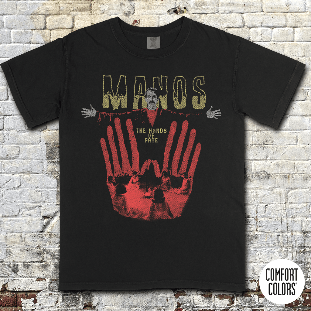 Manos - The Hands of Fate t-shirt featuring a vintage horror design with red hands and a man in black and yellow text