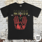 Manos - The Hands of Fate t-shirt featuring a vintage horror design with red hands and a man in black and yellow text