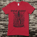Red t-shirt with Mark of the Devil - Edition Red graphic showing vintage witch burning surrounded by flames design