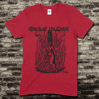 Red t-shirt with Mark of the Devil - Edition Red graphic showing vintage witch burning surrounded by flames design