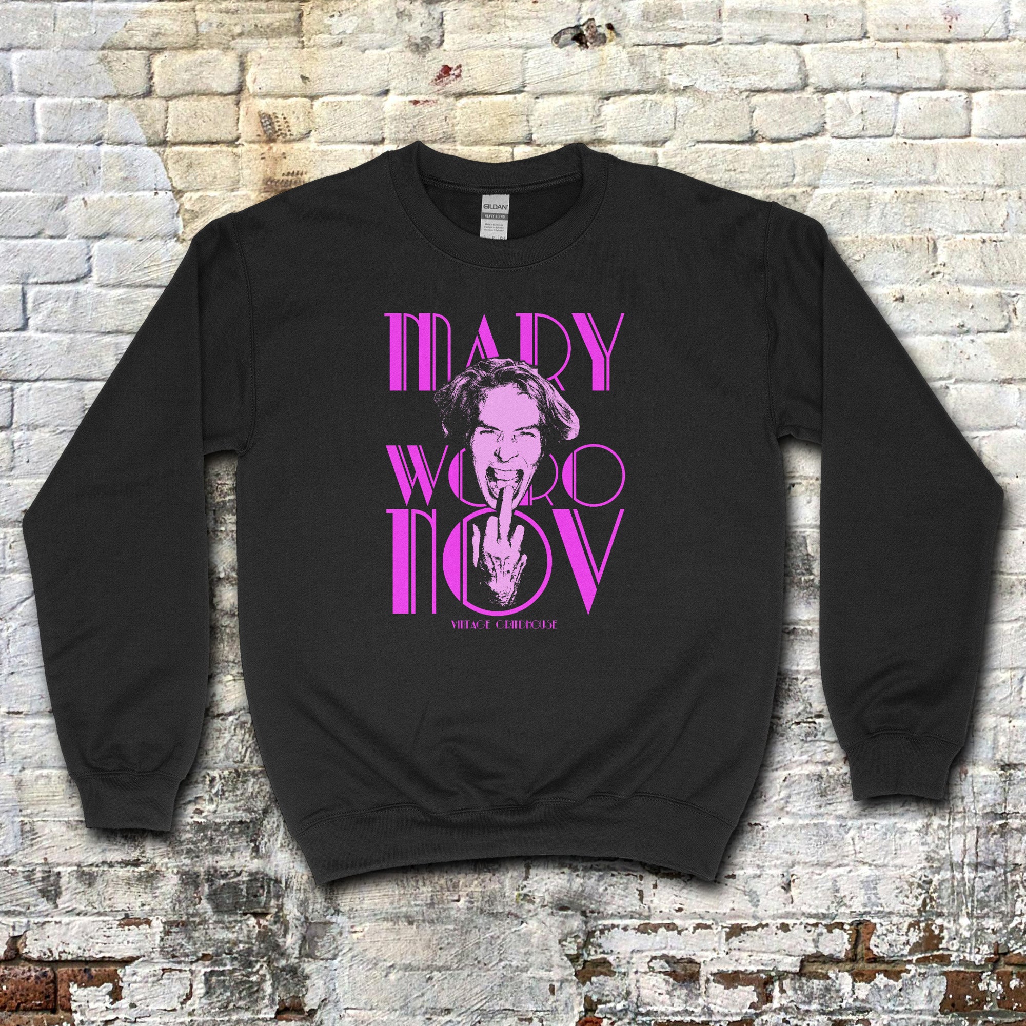 Mary Woronov sweatshirt - Legendary Lady of Grindhouse Cinema with bold pink graphic and expressive portrait on black fabric