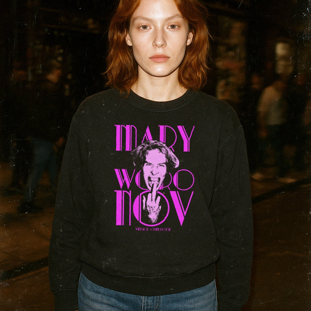 Mary Woronov sweatshirt - Legendary Lady of Grindhouse Cinema with vivid pink graphic and fierce portrait on black fabric