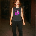 Woman laughing outdoors wearing Mary Woronov - Legendary Lady of Grindhouse Cinema muscle tank with bold pink graphic