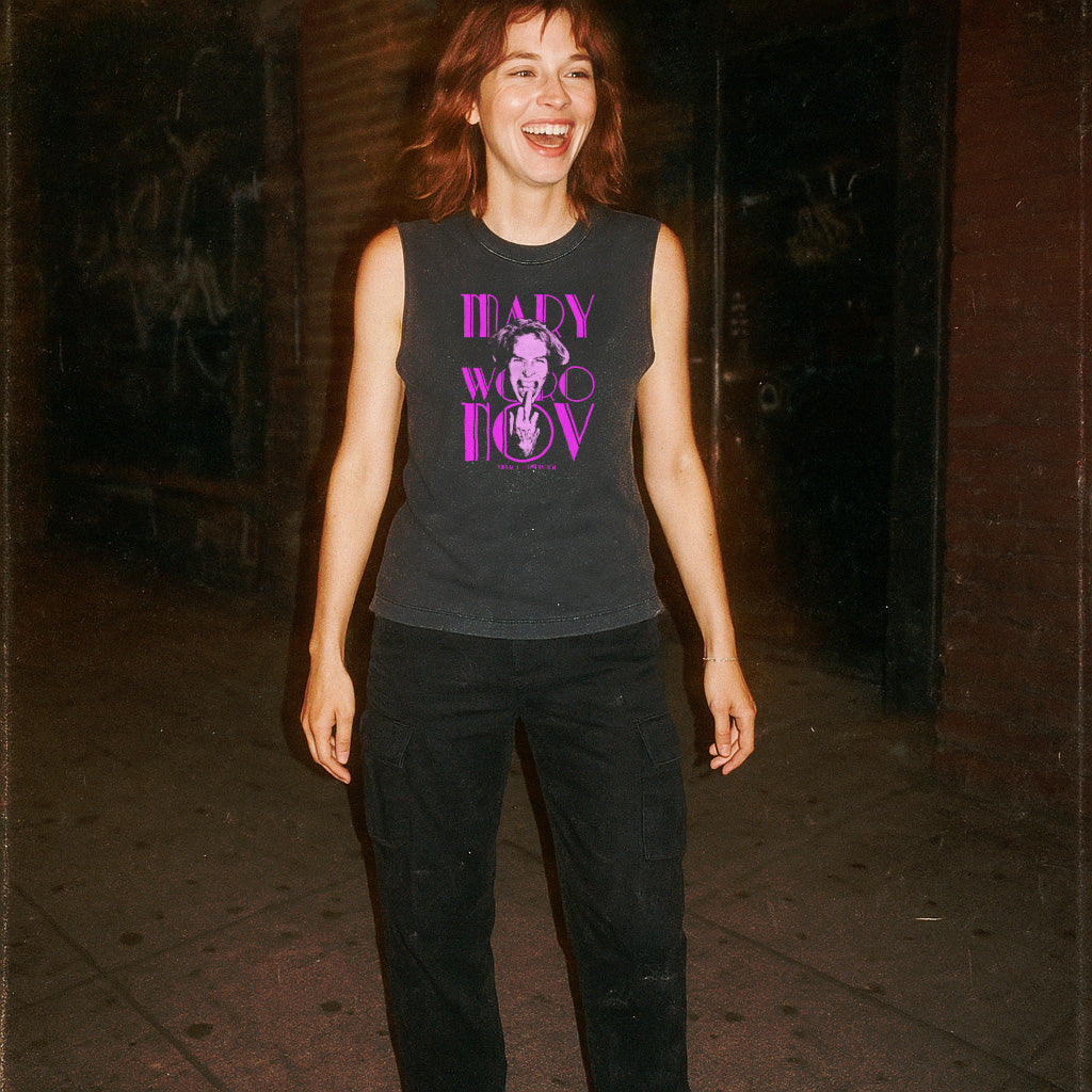 Woman laughing outdoors wearing Mary Woronov - Legendary Lady of Grindhouse Cinema muscle tank with bold pink graphic