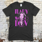 Black t-shirt featuring a purple graphic of Mary Woronov flipping the bird with stylized text on front
