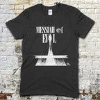 Black t-shirt with white graphic design featuring a silhouette and text, against a brick wall background.