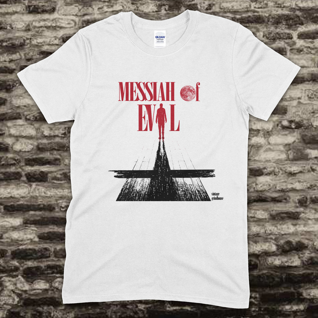 White t-shirt displaying Messiah of Evil - Blood Moon Edition text with shadowy figure and red moon graphic design