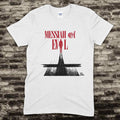 White t-shirt displaying Messiah of Evil - Blood Moon Edition text with shadowy figure and red moon graphic design