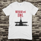 White t-shirt displaying Messiah of Evil - Blood Moon Edition text with shadowy figure and red moon graphic design